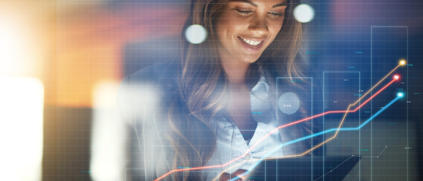 smiling woman evaluating her stocks